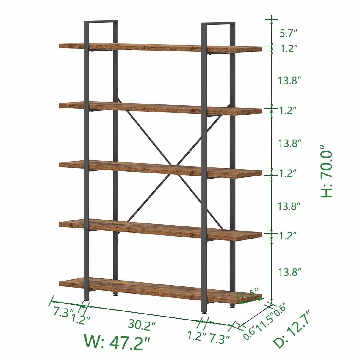 Rustic Brown 5 Shelf Wood Bookshelf R146