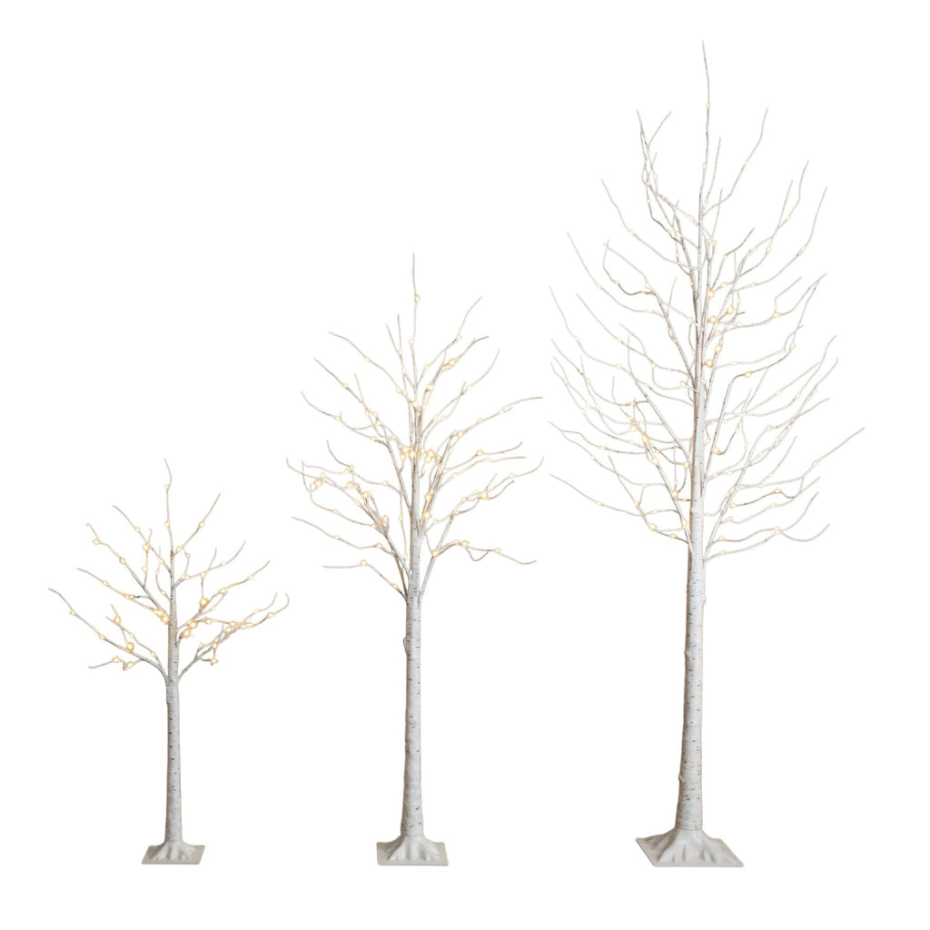 Pre-Lit Artificial White Birch Trees with LED Lights Set of 3 O18150