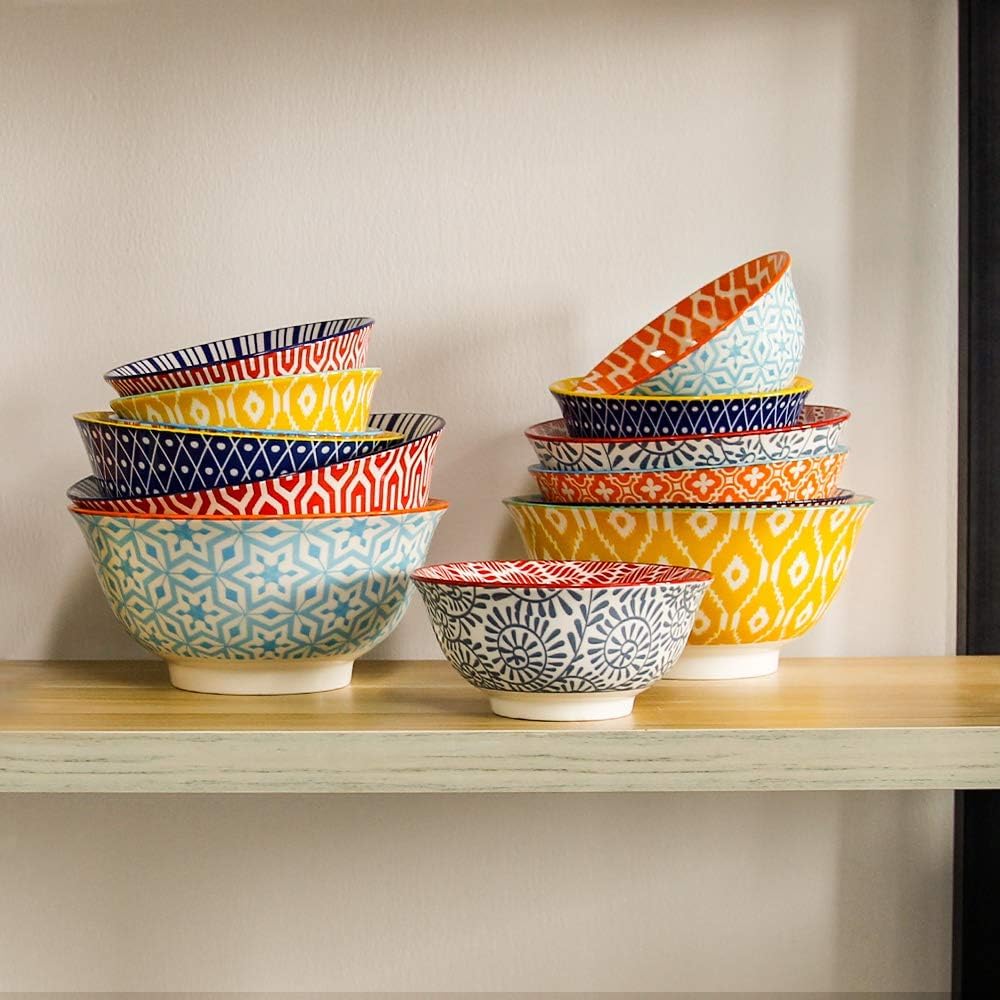 Ceramic Bowls Set 30 oz Assorted Colorful Set of 6 Microwave Dishwasher Safe O481