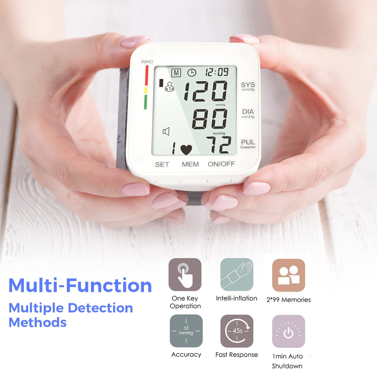 Wrist Blood Pressure Monitor Large LCD Display Adjustable Cuff 99x2 Sets Memory with Carrying Case White Pack of 5 P932063