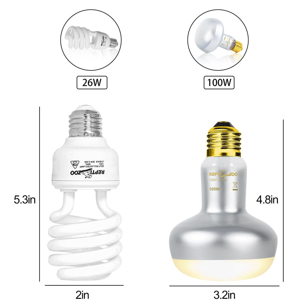 Reptile Heat Lamp Combo Pack with Dual Light Fixture, 100W Basking Spot Light & 26W UVA UVB Bulb O7503