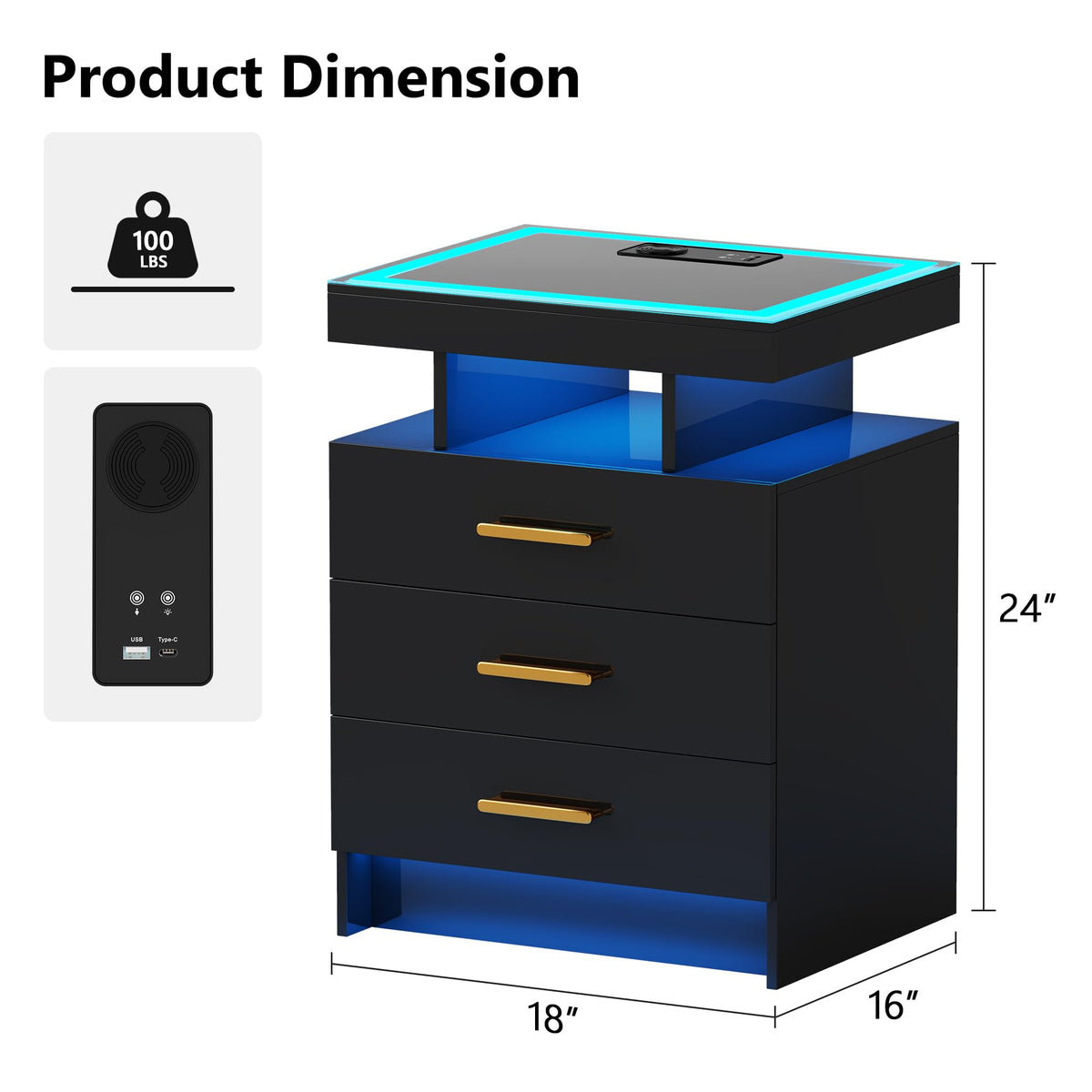 Black 3 Drawer LED Nightstand with Charging Station B3267
