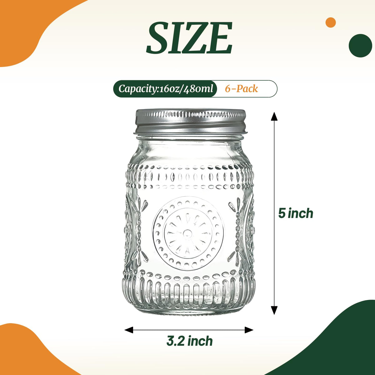 6-Pack Glass Mason Jars 16 oz Wide Mouth Canning Jars O784722