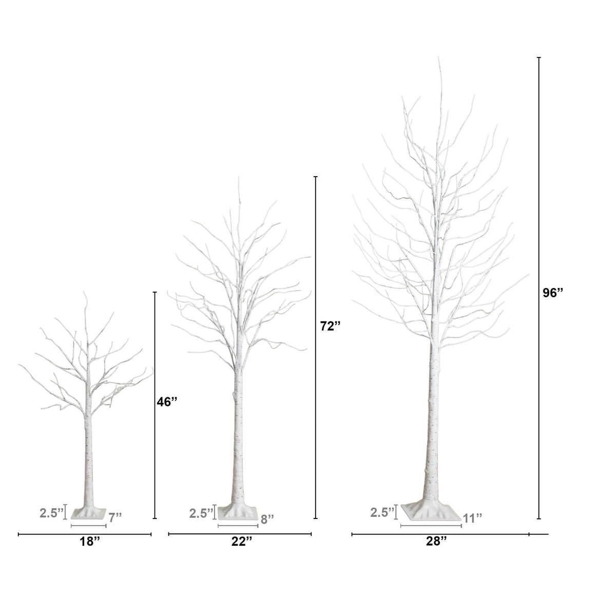 Pre-Lit Artificial White Birch Trees with LED Lights Set of 3 O18150