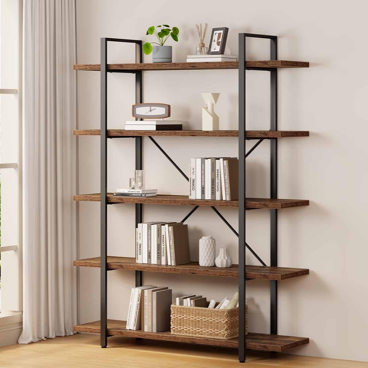 Rustic Brown 5 Shelf Wood Bookshelf R146