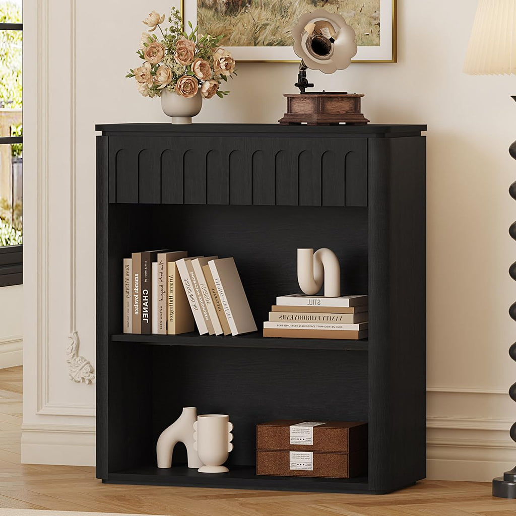 Black Wood Grain Console Table and 3 Tier Bookshelf Set S95741