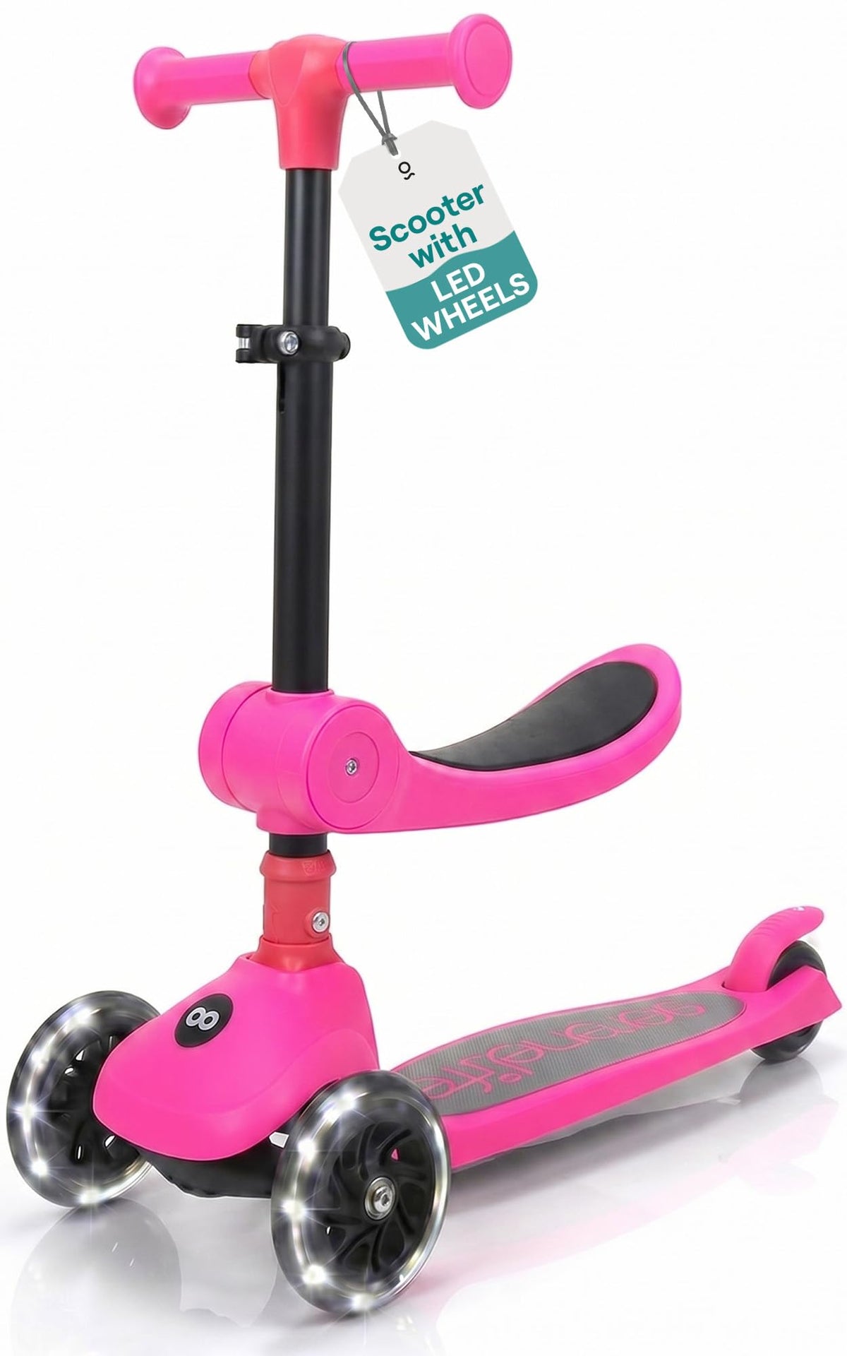3 Wheel Scooter for Toddlers & Kids, Foldable Seat, LED Wheels, Adjustable Handlebar, Anti-Slip Deck, Rear Foot Brake, Lean-to-Steer, Pink Y977