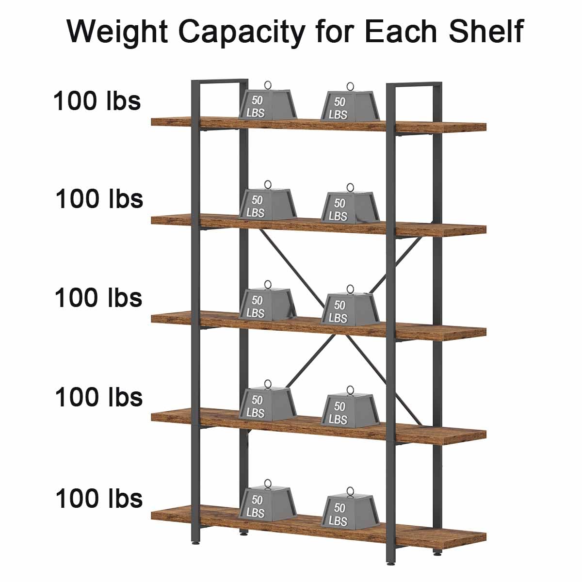 Rustic Brown 5 Shelf Wood Bookshelf R146