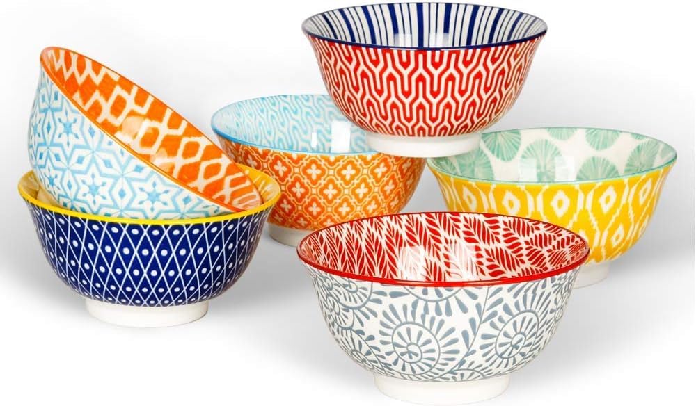 Ceramic Bowls Set 30 oz Assorted Colorful Set of 6 Microwave Dishwasher Safe O481
