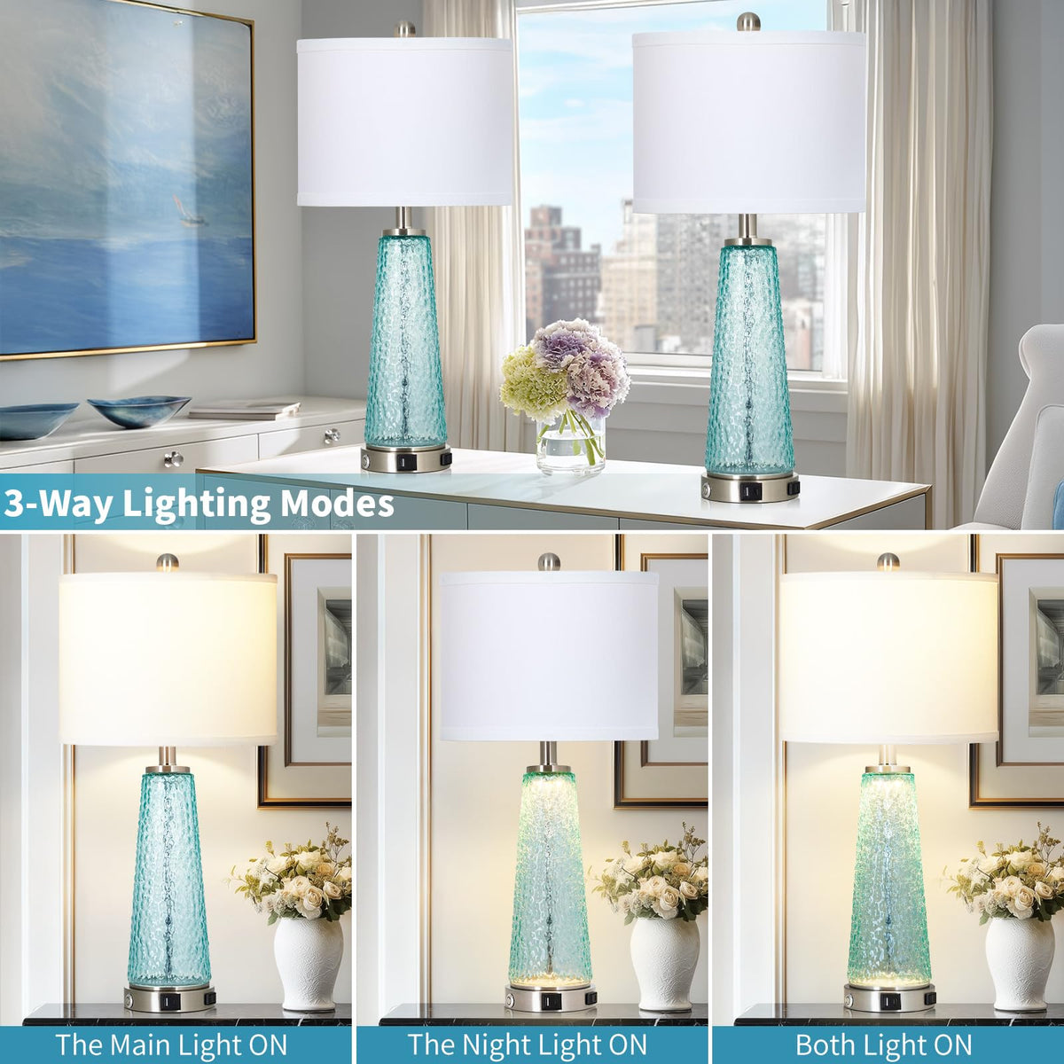 26" Glass Table Lamps with USB A+C Ports & Outlet J3783
