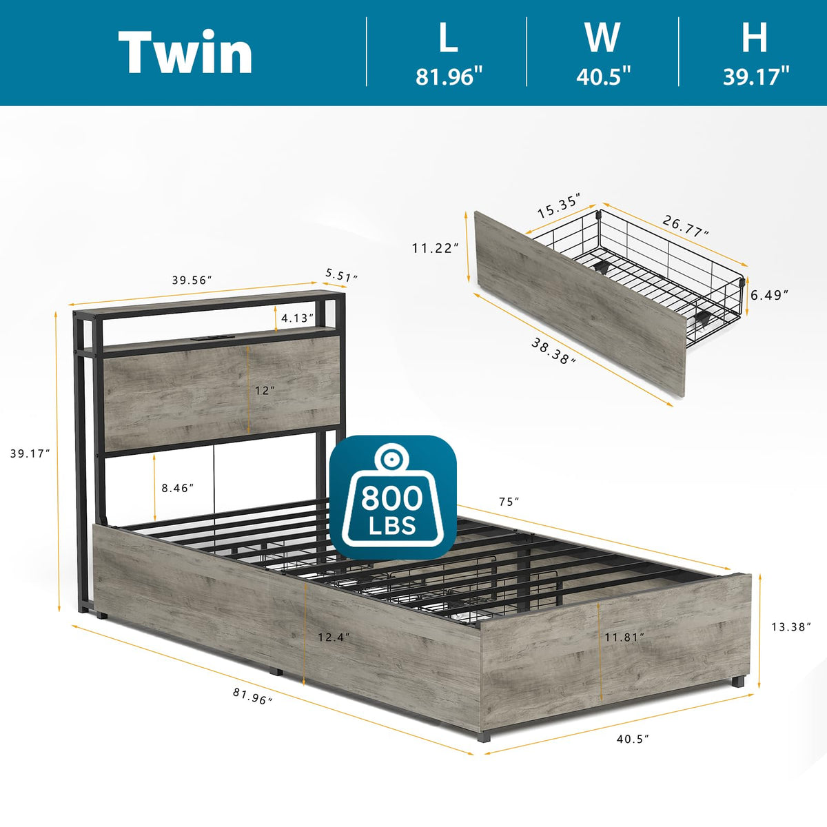 Twin Size Bed Frame with 4 Storage Drawers F71831