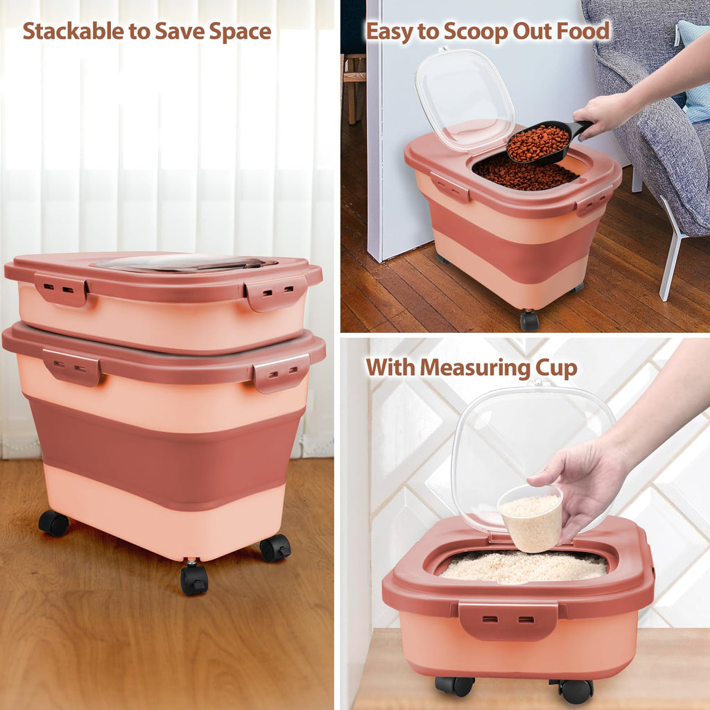 Collapsible Pet Food Storage Container with Wheel, Cup and Scoop I300479