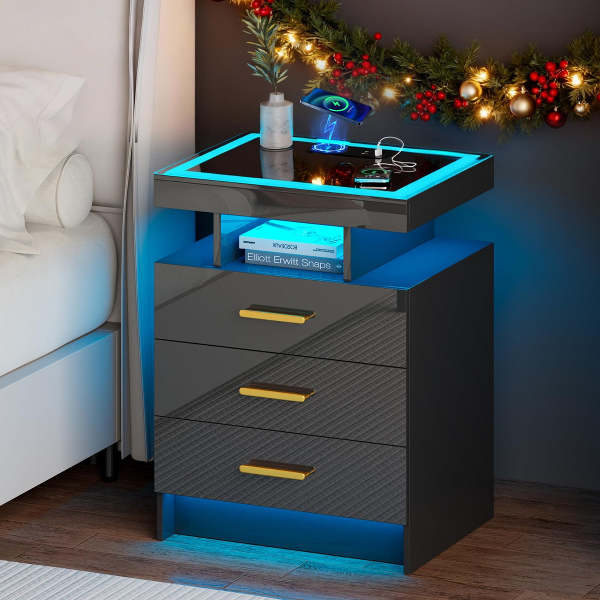 Black 3 Drawer LED Nightstand with Charging Station B3267