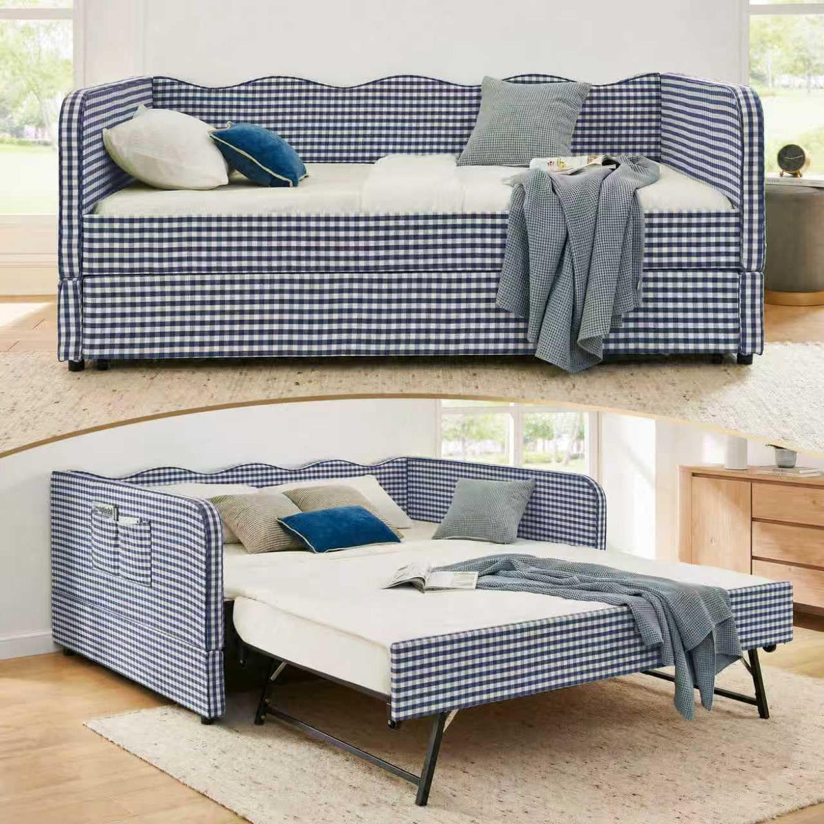 Blue Gingham Twin Daybed with Pop Up Trundle L189