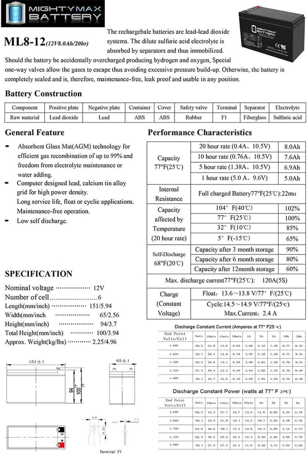 12 Volt 8 AH Rechargeable SLA AGM Battery Z31957