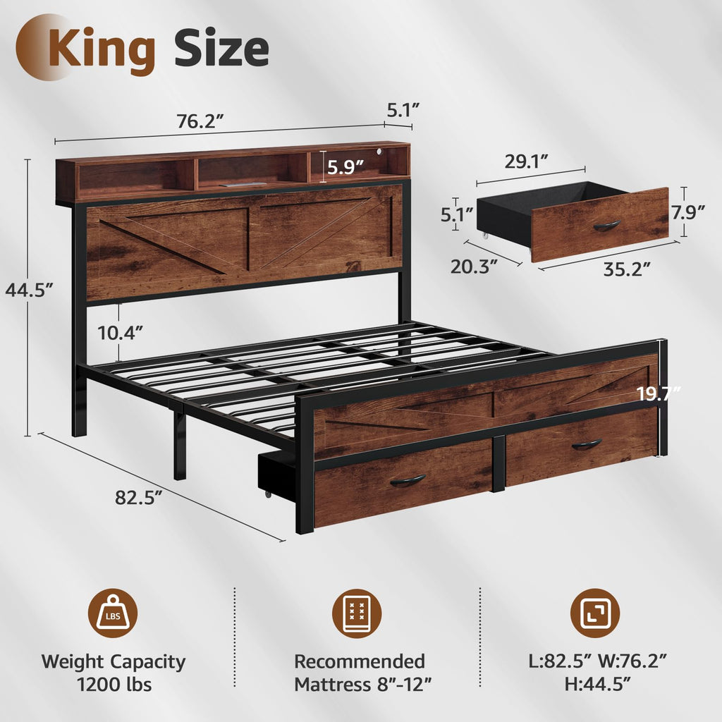 King Size Bed Frame with Storage Drawers and Charging Station I5686