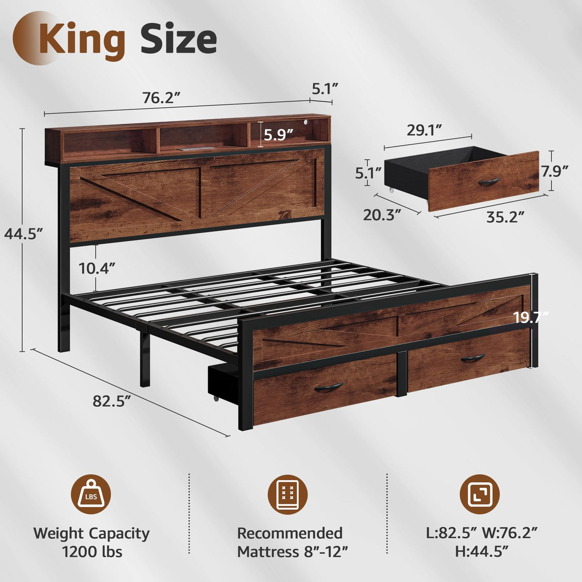 King Size Bed Frame with Storage Drawers and Charging Station I5686