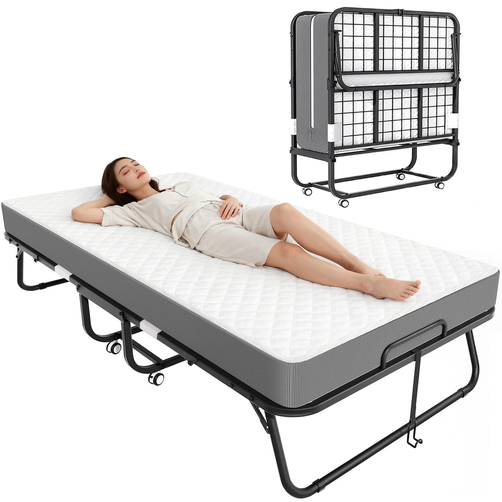 Folding Bed with Mattress Metal Frame Cot Size Q295