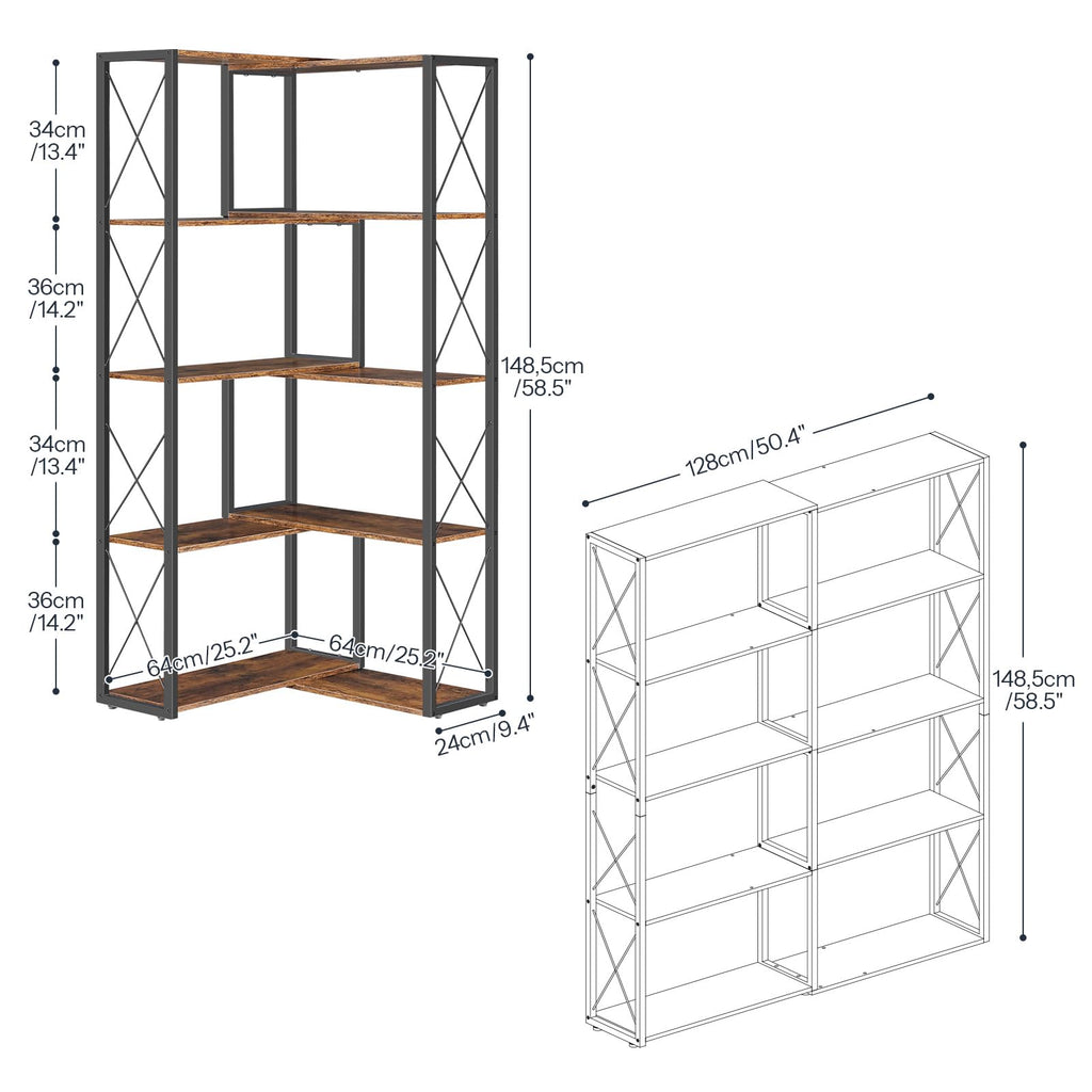 5-Tier Rustic Brown and Black Corner Bookshelf U31025