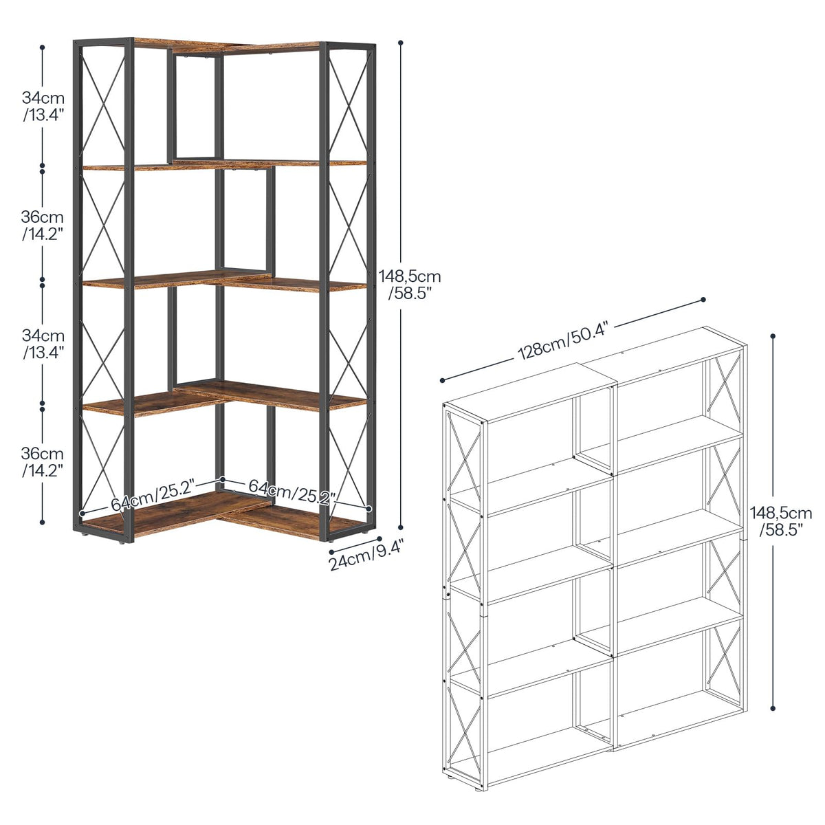 5-Tier Rustic Brown and Black Corner Bookshelf U31025