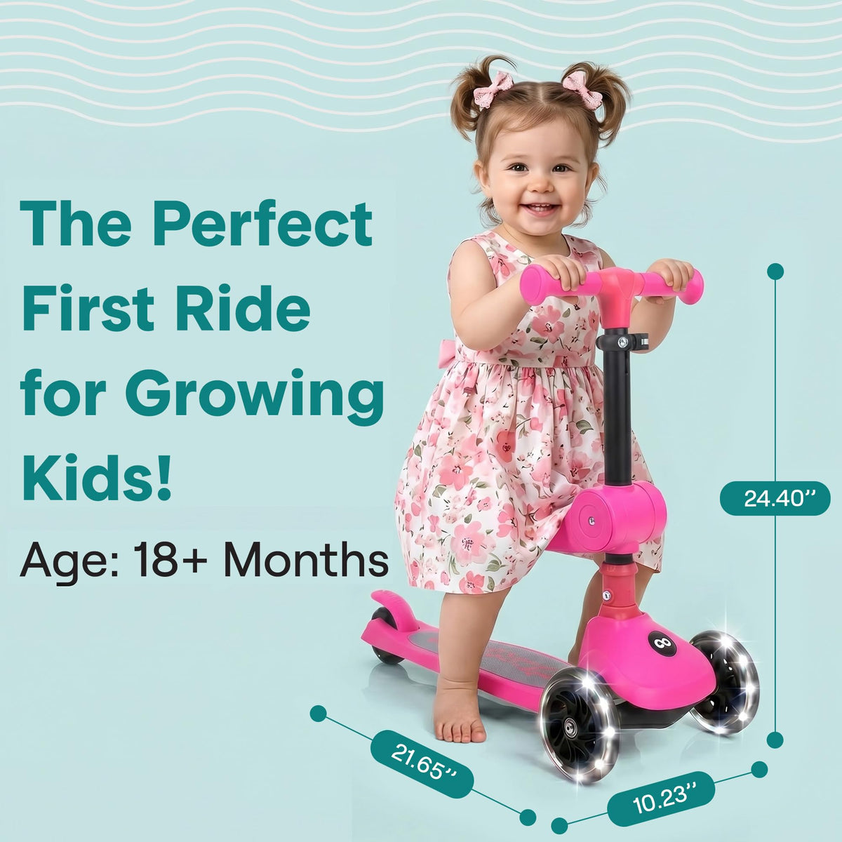 3 Wheel Scooter for Toddlers & Kids, Foldable Seat, LED Wheels, Adjustable Handlebar, Anti-Slip Deck, Rear Foot Brake, Lean-to-Steer, Pink Y977