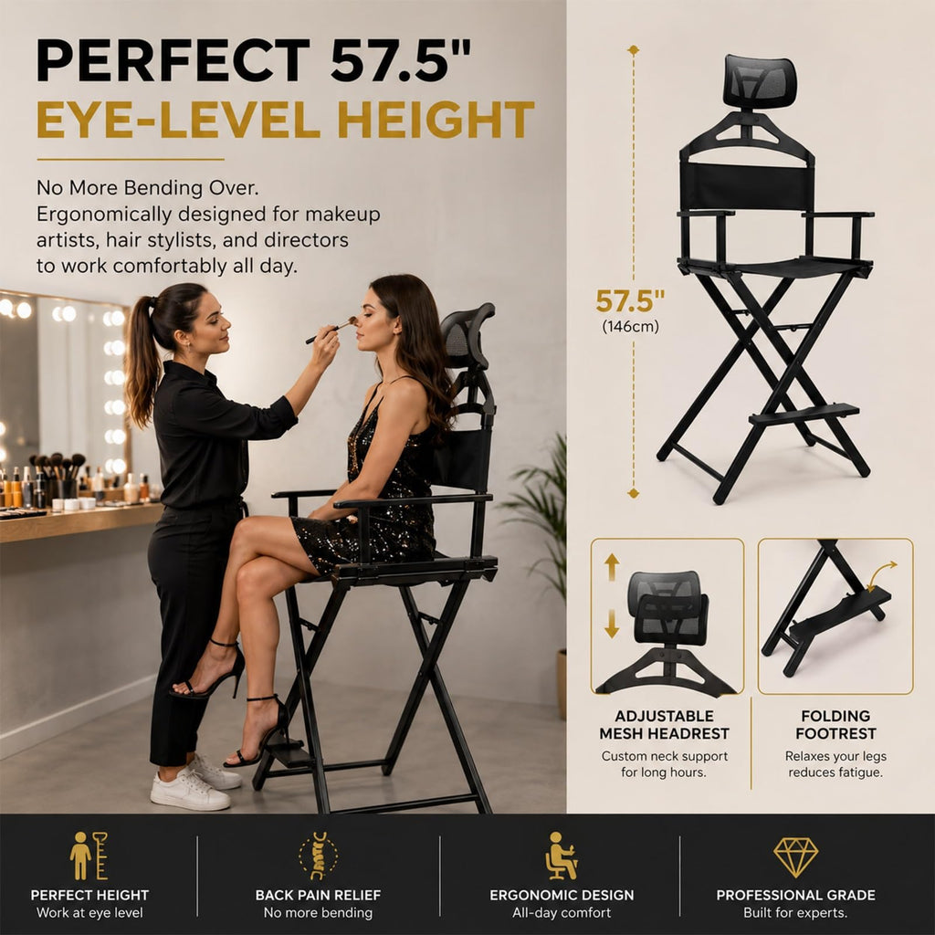 Gold Portable Collapsible Tall Makeup Artist Chair with Head Rest P7112