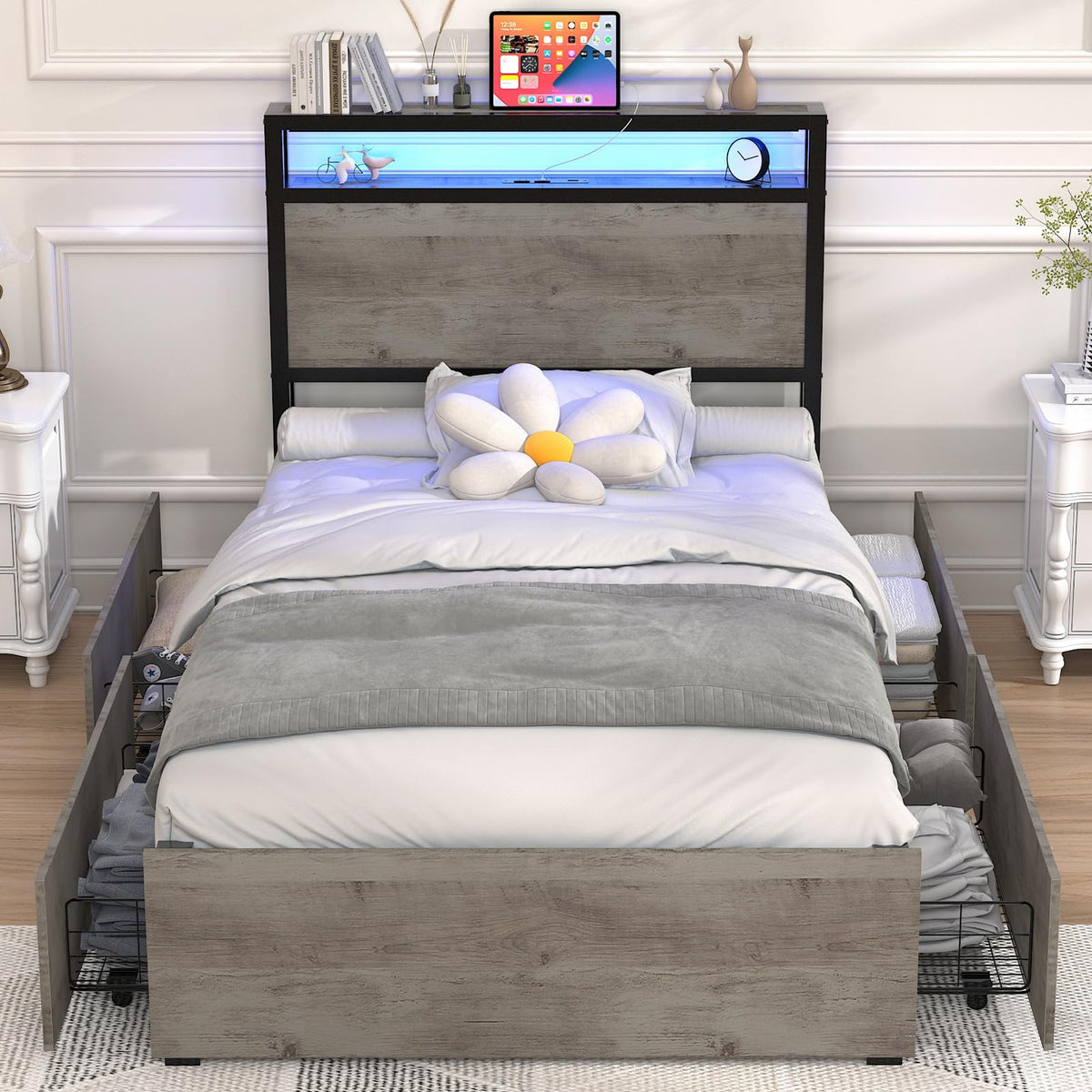 Twin Size Bed Frame with 4 Storage Drawers F71831