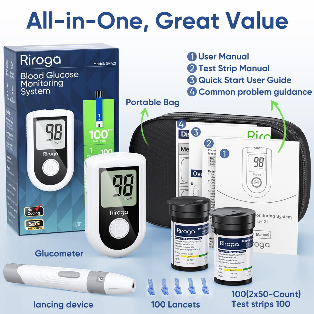 Blood Glucose Monitor Kit with 100 Strips, 100 Lancets, Lancing Device, No Coding O6350