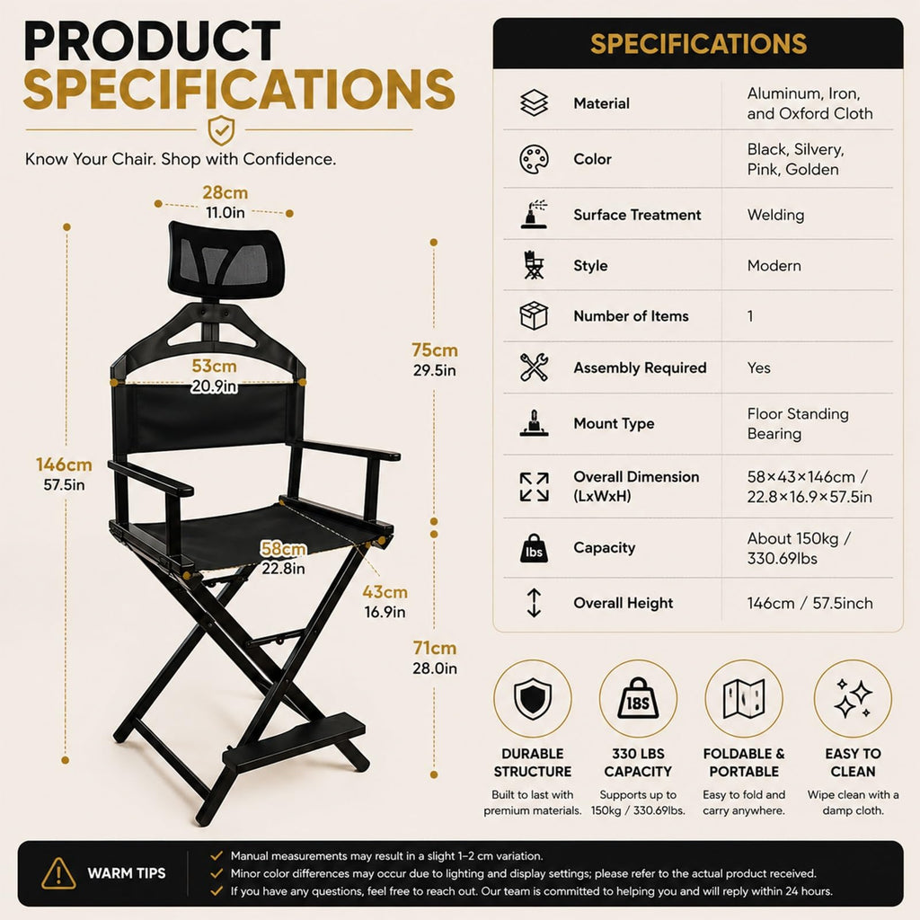 Gold Portable Collapsible Tall Makeup Artist Chair with Head Rest P7112