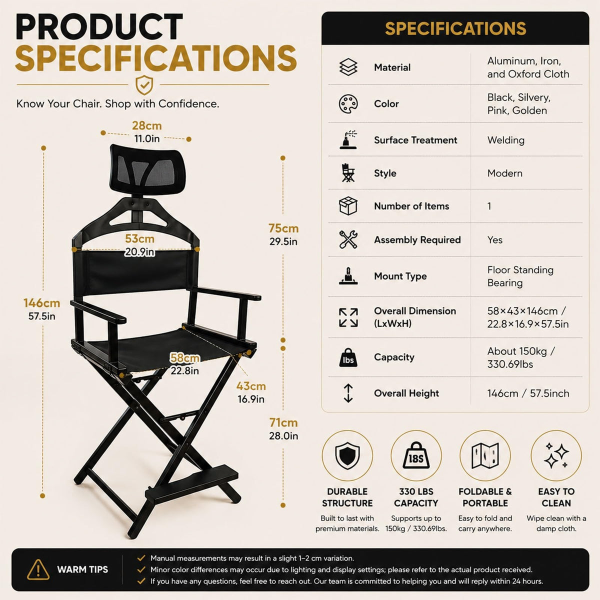 Gold Portable Collapsible Tall Makeup Artist Chair with Head Rest P7112