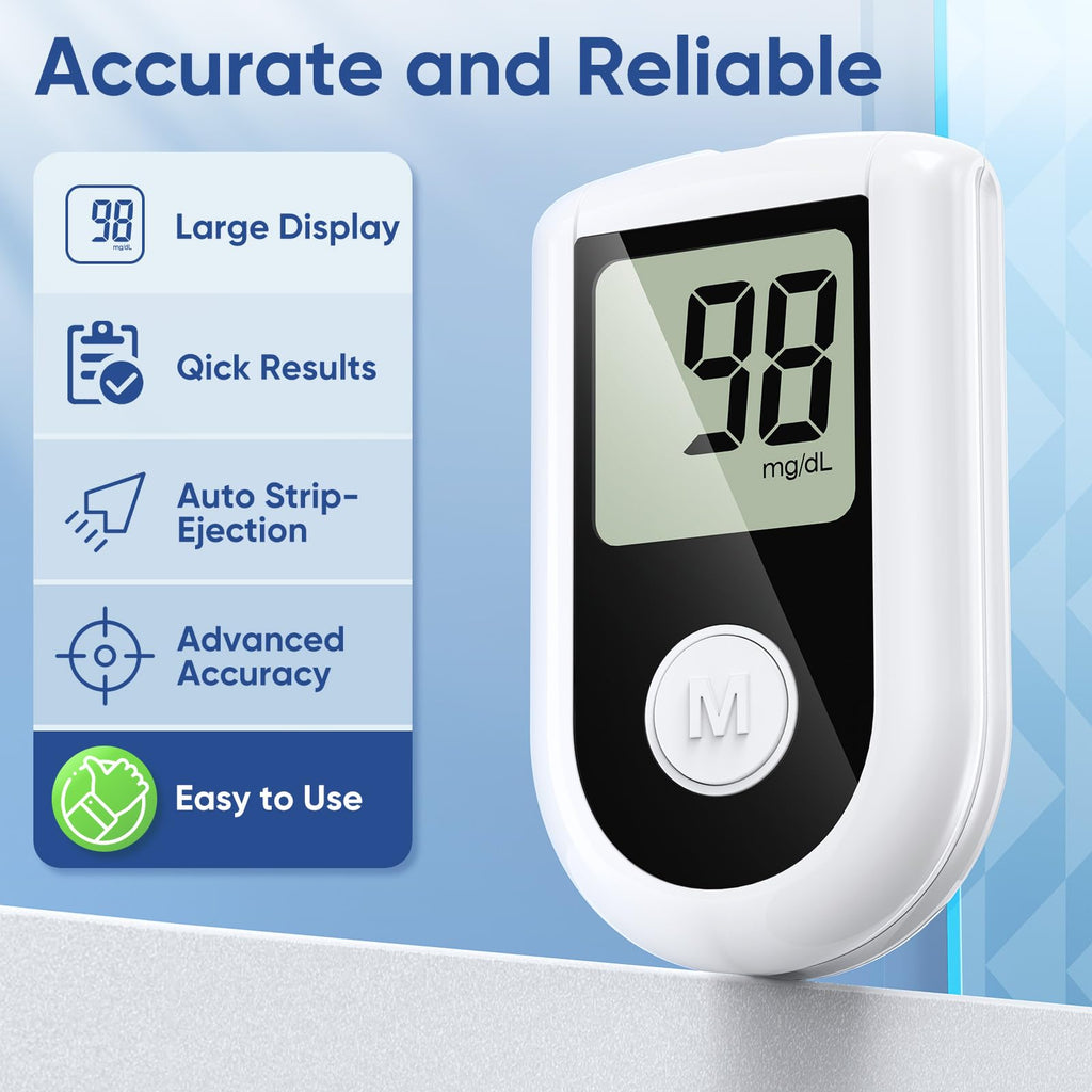Blood Glucose Monitor Kit with 100 Strips, 100 Lancets, Lancing Device, No Coding O6350