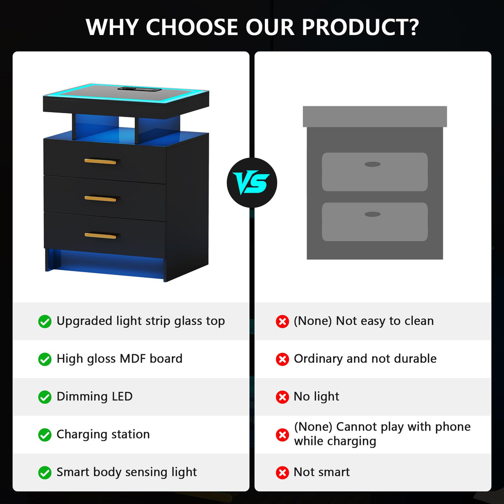Black 3 Drawer LED Nightstand with Charging Station B3267