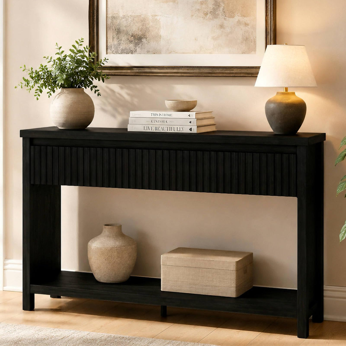 Black Wood Grain Console Table and 3 Tier Bookshelf Set S95741