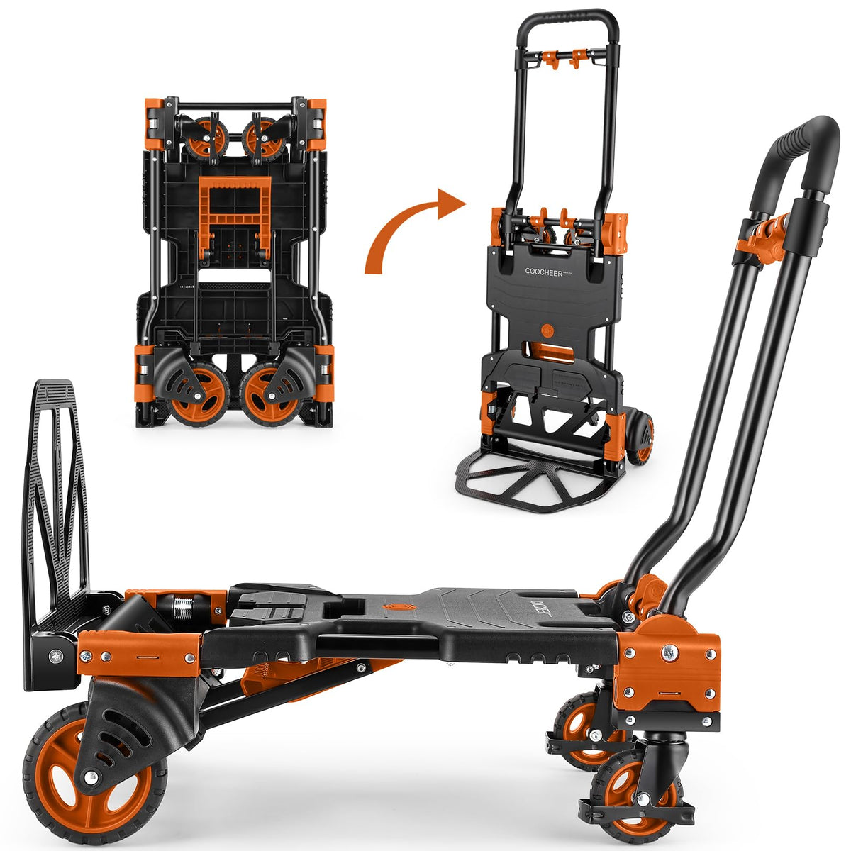 Folding Hand Truck Dolly, 330lb 4 to 2 Wheel Moving Cart, Orange N6910