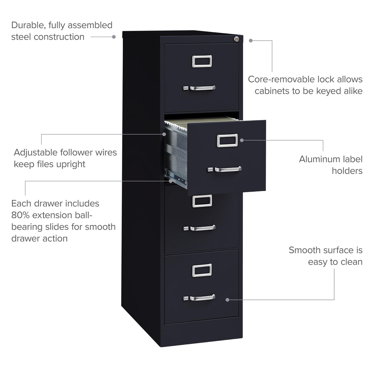 15" W 4 Drawer Vertical File Cabinet, Black, Letter J2827
