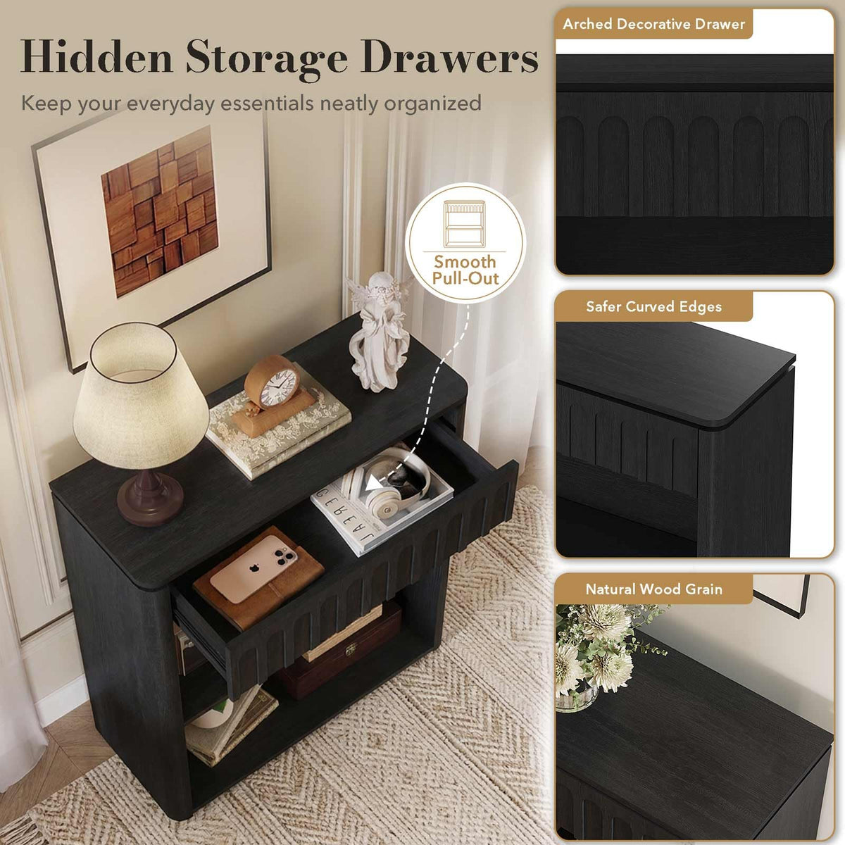 Black Wood Grain Console Table and 3 Tier Bookshelf Set S95741