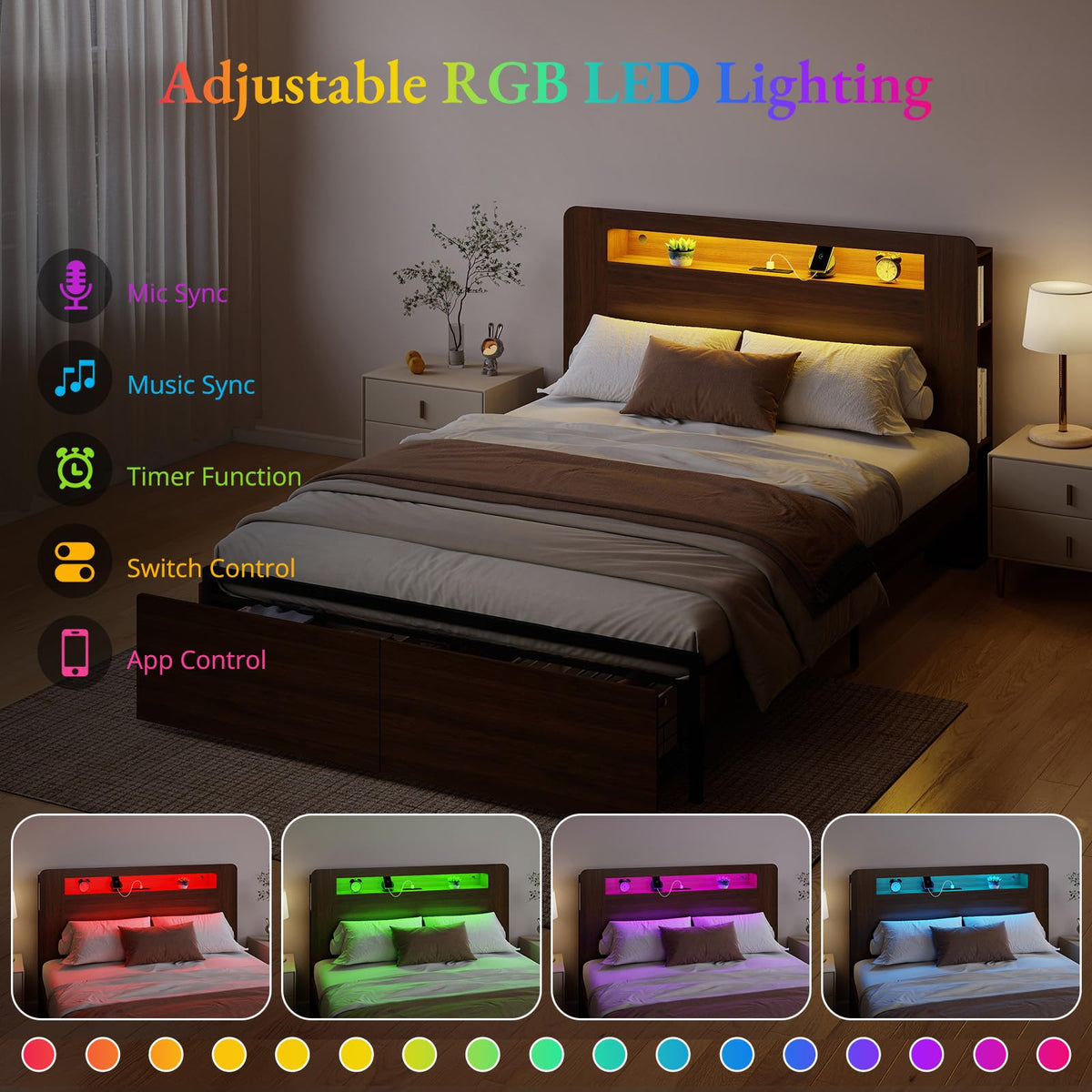 Wood Bed Frame Full with 2 Storage Drawers W4186