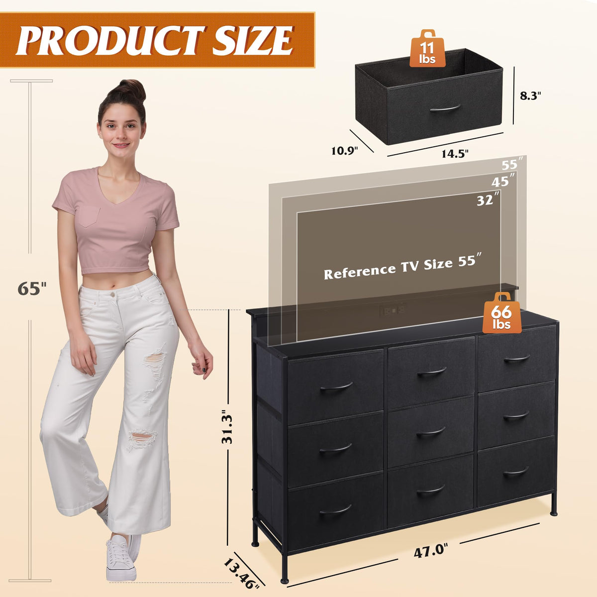 Black 9 Drawer Fabric Dresser U92380