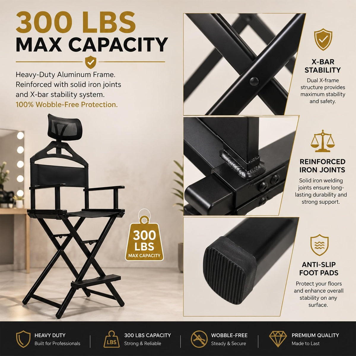 Gold Portable Collapsible Tall Makeup Artist Chair with Head Rest P7112