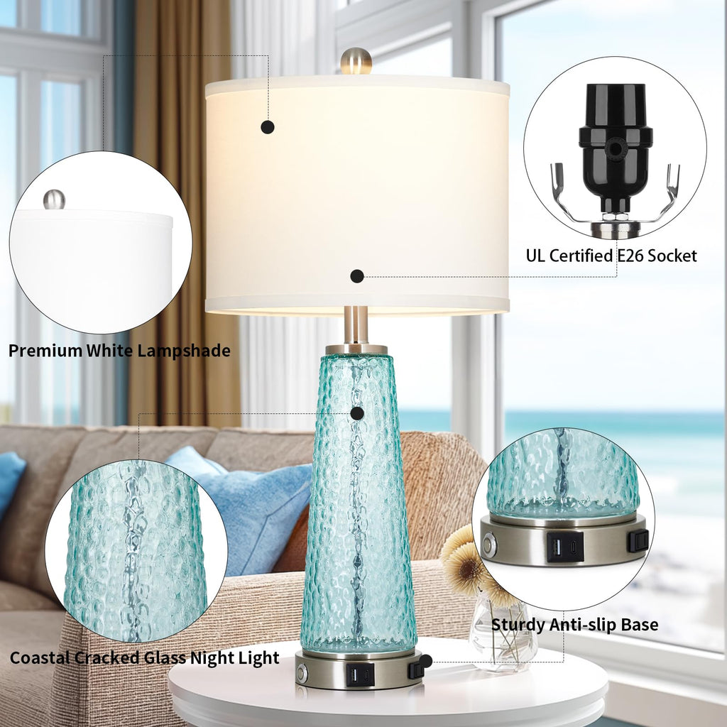 26" Glass Table Lamps with USB A+C Ports & Outlet J3783