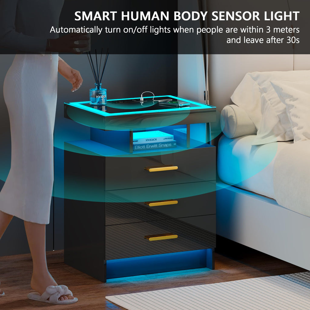 Black 3 Drawer LED Nightstand with Charging Station B3267