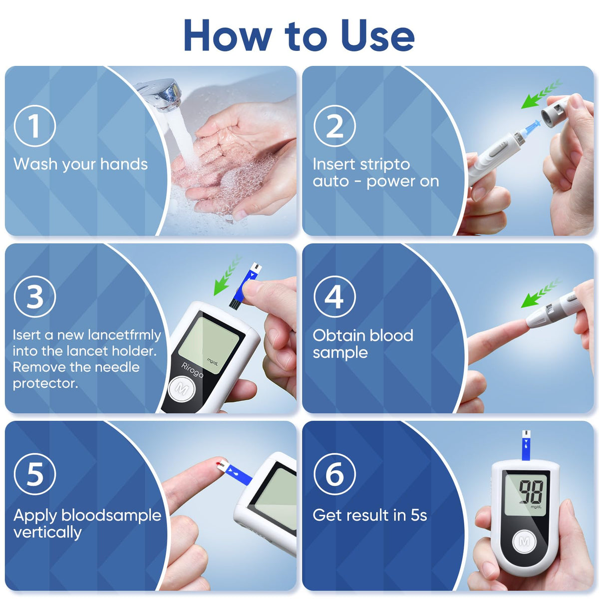 Blood Glucose Monitor Kit with 100 Strips, 100 Lancets, Lancing Device, No Coding O6350