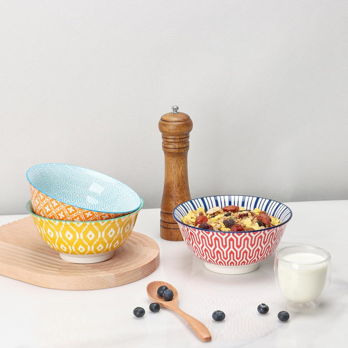 Ceramic Bowls Set 30 oz Assorted Colorful Set of 6 Microwave Dishwasher Safe O481