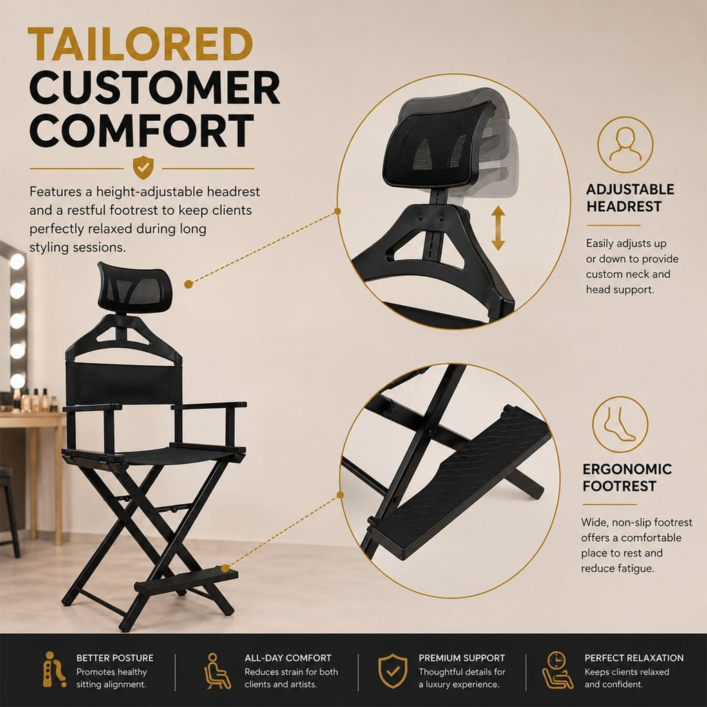 Gold Portable Collapsible Tall Makeup Artist Chair with Head Rest P7112