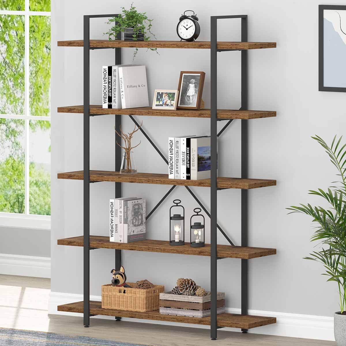 Rustic Brown 5 Shelf Wood Bookshelf R146