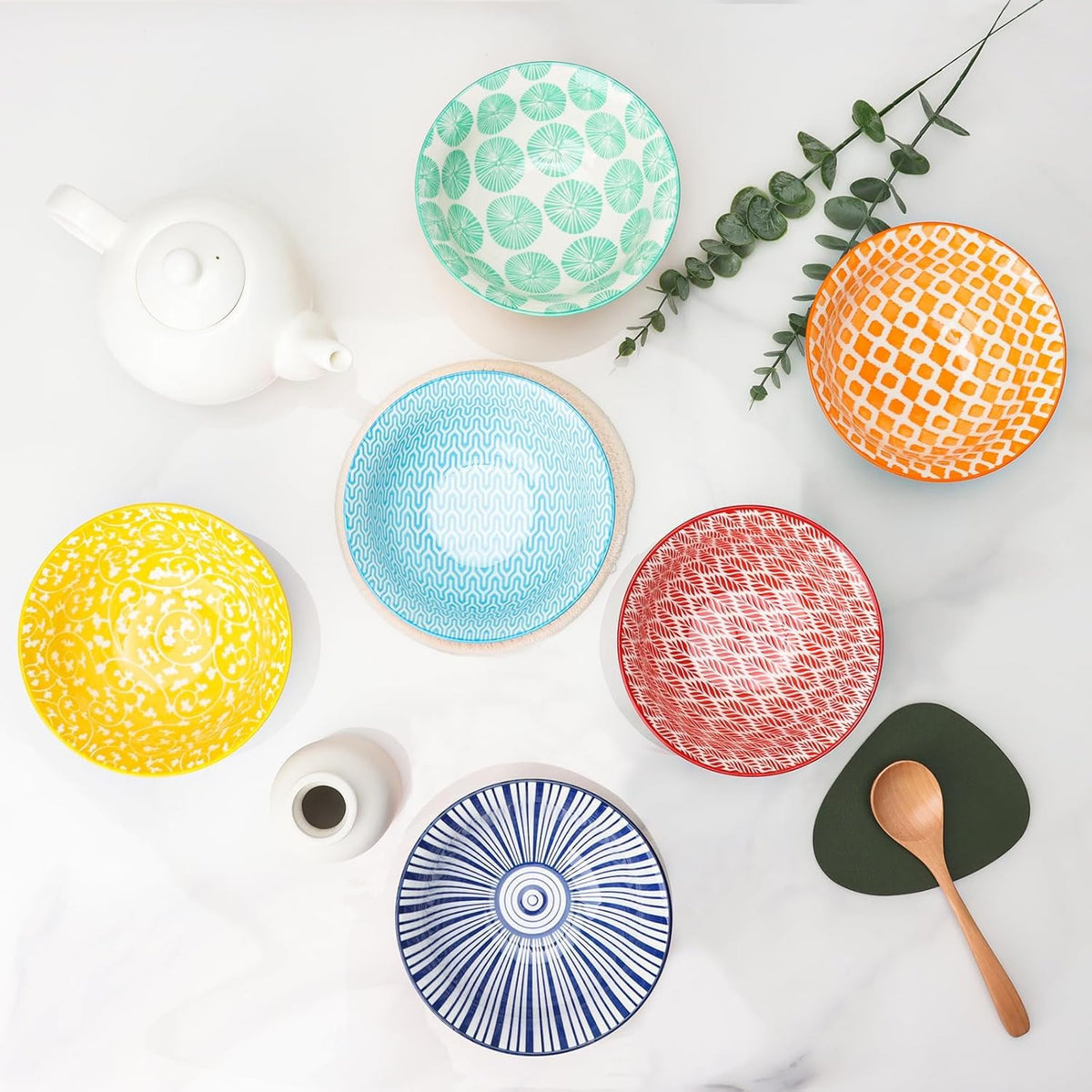 Ceramic Bowls Set 30 oz Assorted Colorful Set of 6 Microwave Dishwasher Safe O481