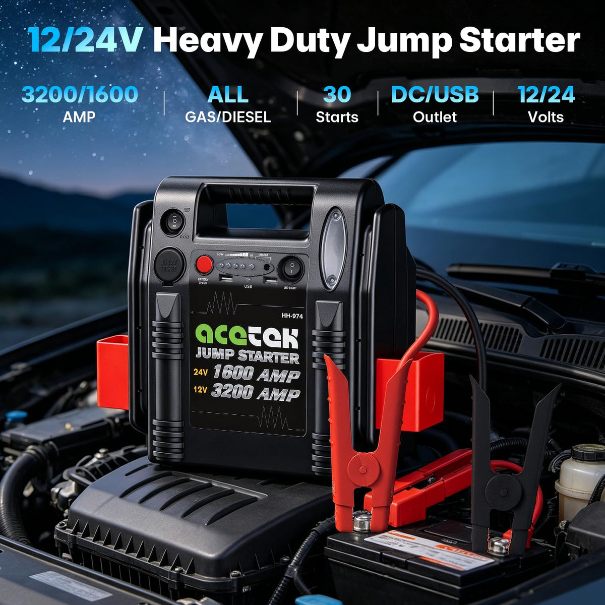 24V / 12V 1600/3200 Peak Amp Heavy Duty Jump Starter with USB and DC Output N595243