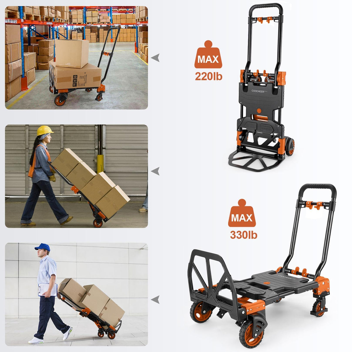 Folding Hand Truck Dolly, 330lb 4 to 2 Wheel Moving Cart, Orange N6910