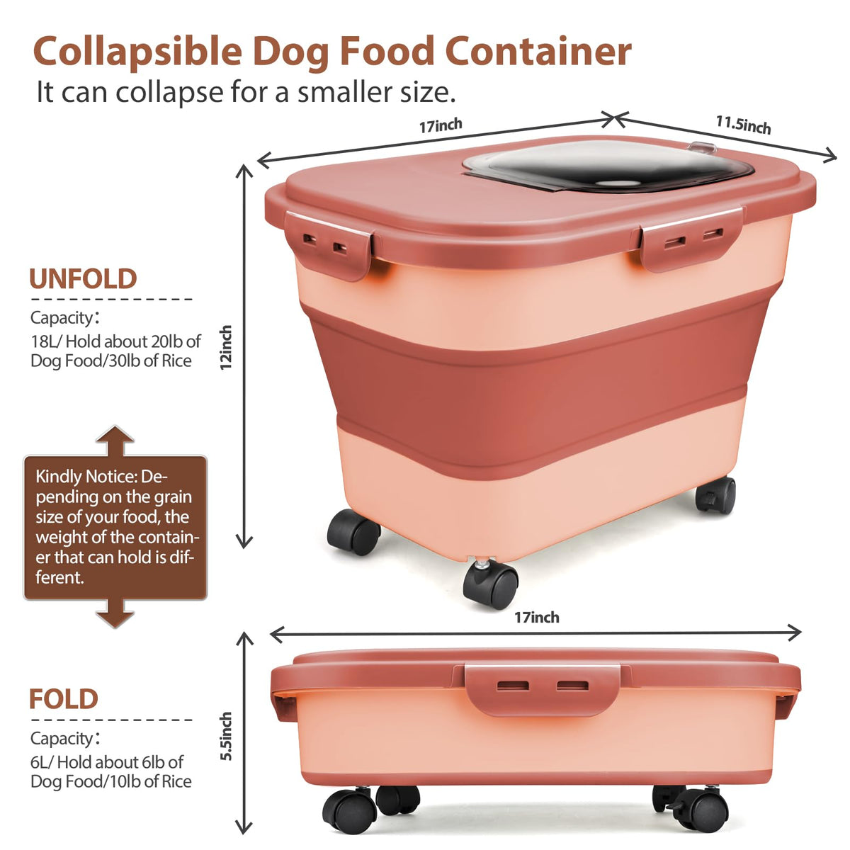 Collapsible Pet Food Storage Container with Wheel, Cup and Scoop I300479