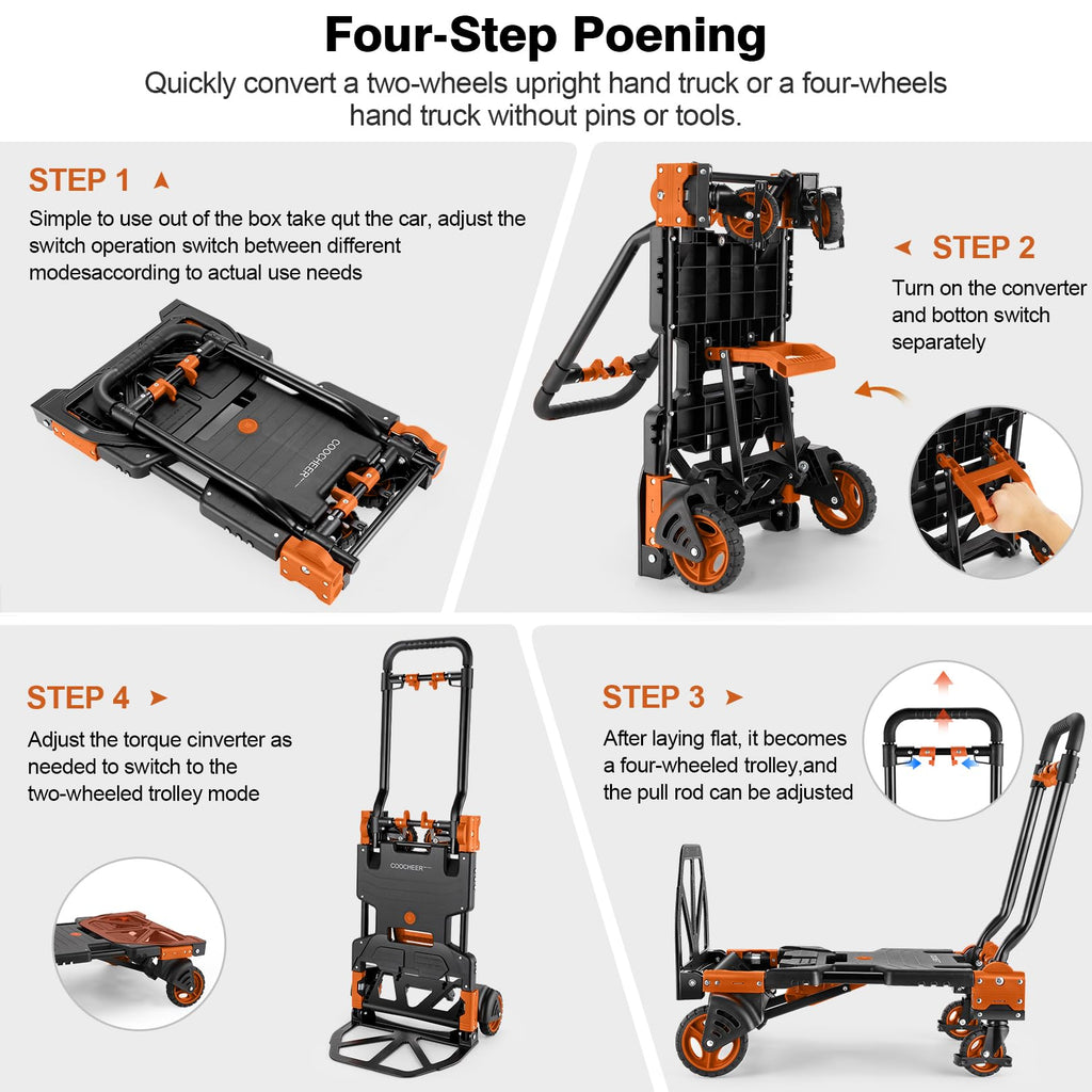 Folding Hand Truck Dolly, 330lb 4 to 2 Wheel Moving Cart, Orange N6910